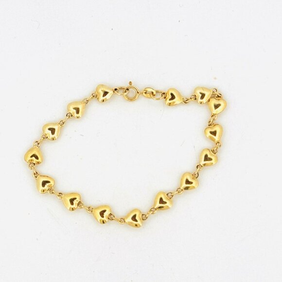 Estate Sterling Silver 925 Gold Tone Puffy Heart Link Bracelet 7" - 5.4g - Picture 1 of 7
